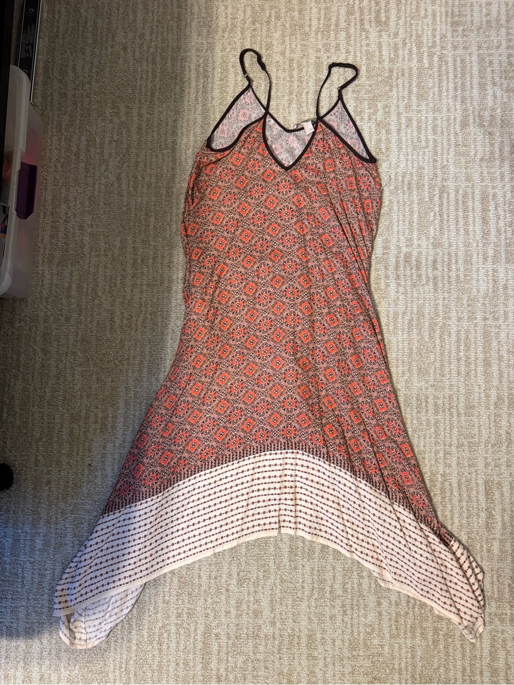 Sleeveless Boho Red-Orange Patterned Handkerchief Hem Dress